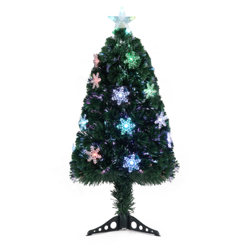 3ft Top With Stars, Plastic Base, PVC Material, Green, Fiber Optic, 12 Lights With Snow Flakes, Colorful And Color-Changing, 85 Branches, Christmas Tree