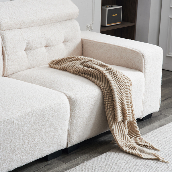221*96*83cm Teddy Velvet 26cm Fully Detachable Armrests Two Seats With Side Pockets Backrest Pull Points Indoor Double Sofa Off-White