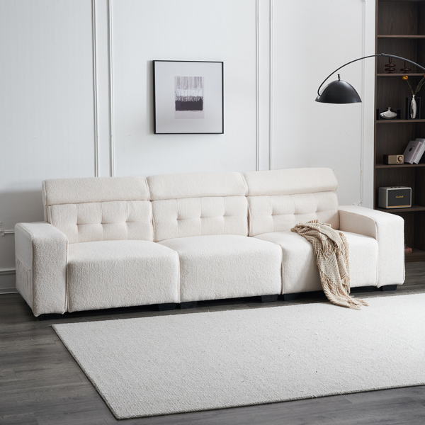 306*96*83cm Teddy Velvet, 26cm Fully Detachable Armrests, Three-Seater With Side Pockets, Backrest Pull Points, Indoor Multi-Person Sofa, Off-White