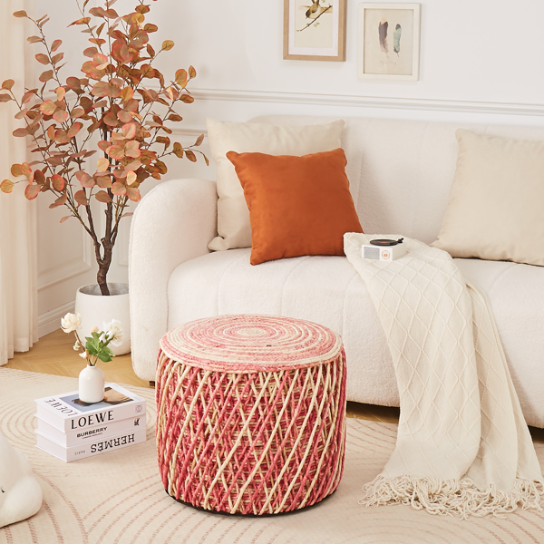 Ottoman Natural Braided Poof Rustic Handweave Lounge Pouffe Footrest Stool Poof Soft Padded Seat Boho Pouffe for The Living Room Bedroom Lounge Pink