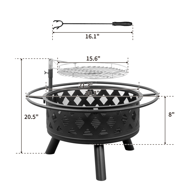  30in Outdoor Metal  Fire Pit  with Cooking Grates Black