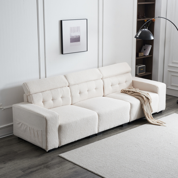 306*96*83cm Teddy Velvet, 26cm Fully Detachable Armrests, Three-Seater With Side Pockets, Backrest Pull Points, Indoor Multi-Person Sofa, Off-White