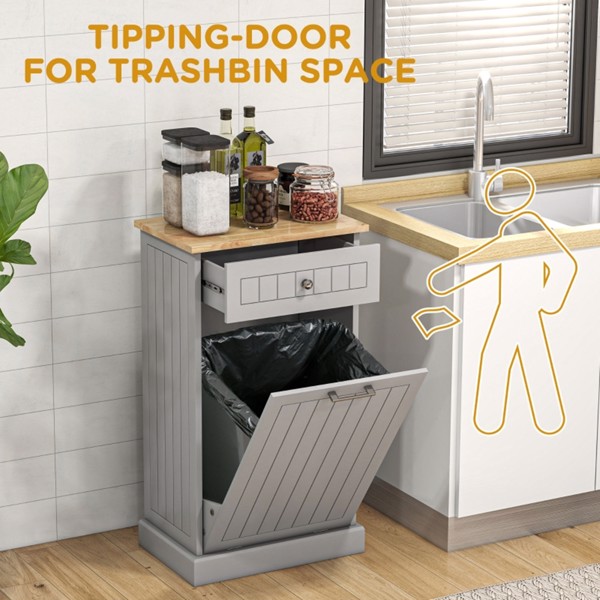 Kitchen Tilt Out Trash Bin Cabinet Free Standing Recycling Cabinet Trash Can Holder With Drawer, Gray-AS