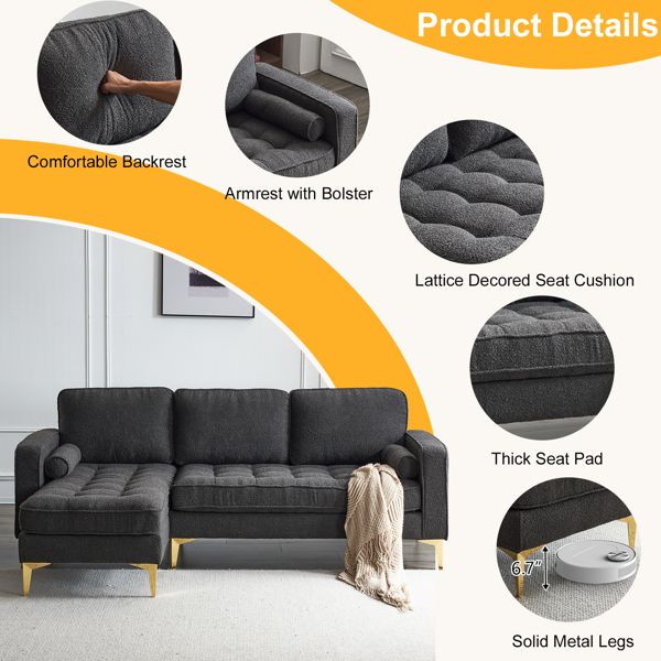 218*141*87cm Boucle Yarn, Diamond-Shaped Gold-Plated Three-Pronged Legs, Three-Seater With Footstool, Indoor Modular Sofa, Dark Grey