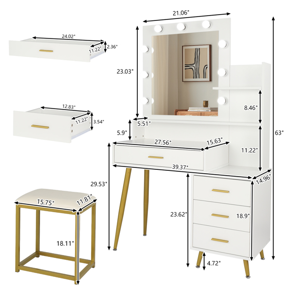  【Old Code：16772020】 Large Vanity Set with 9 LED Bulbs, Makeup Table with Cushioned Stool, 3 Storage Shelves 4 Drawers, Dressing Table Dresser Desk for Women, Girls, Bedroom, White