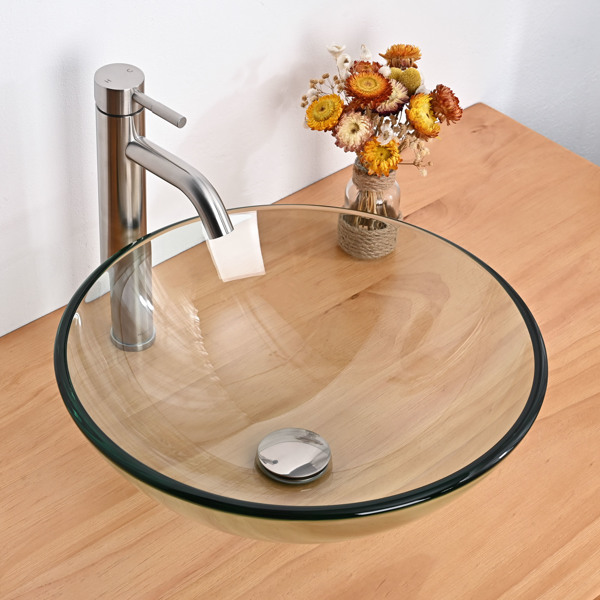 Clear  16"  Glass Vessel Bathroom Sink combines great aesthetics and functionality  for your bathroom, lavatory, washstand, half bath, etc.（No shipping on weekends.）