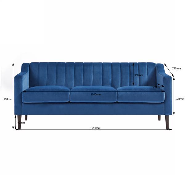 Modern Chesterfield Sofa, Comfortable Upholstered Sofa, Velvet Fabric, Wooden Frame with Wooden Legs, Suitable for Living Room/Bedroom/Office, 3 Seat Sofa -Blue