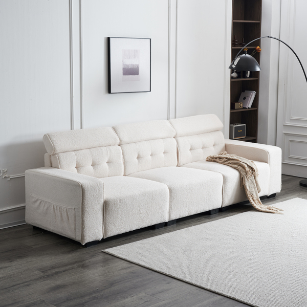 306*96*83cm Teddy Velvet, 26cm Fully Detachable Armrests, Three-Seater With Side Pockets, Backrest Pull Points, Indoor Multi-Person Sofa, Off-White