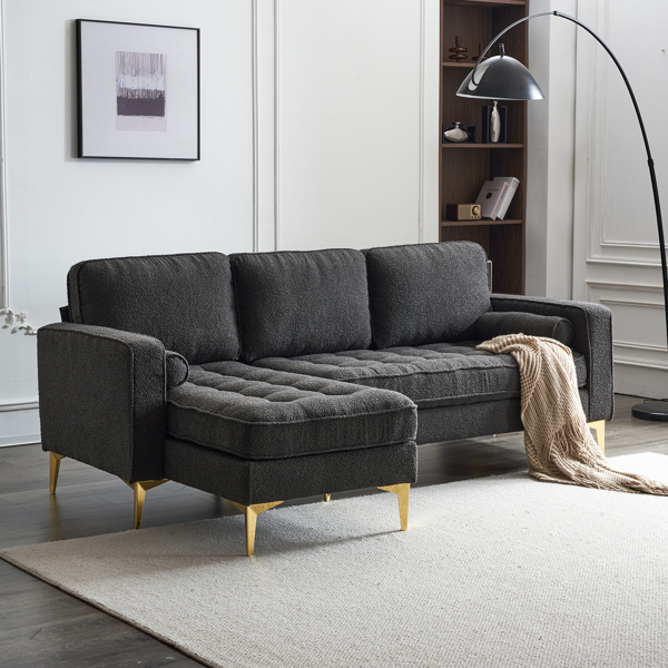 218*141*87cm Boucle Yarn, Diamond-Shaped Gold-Plated Three-Pronged Legs, Three-Seater With Footstool, Indoor Modular Sofa, Dark Grey