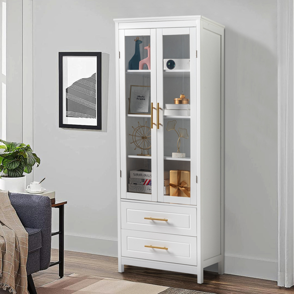 2 Glass Doors 2 Drawers Bathroom Standing Cabinet, Modern Style Bookcase, Household Storage Lockers, White