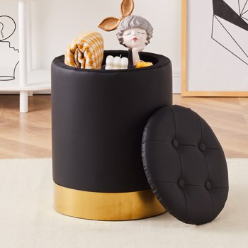 Faux Leather Round Storage Ottoman Footrest Stool with Gold-Plated Base Multipurpose Upholstered Foot Stools Vanity Chair Modern Pouf Ottoman with 23Qt Storage for Living Room Bedroom Black