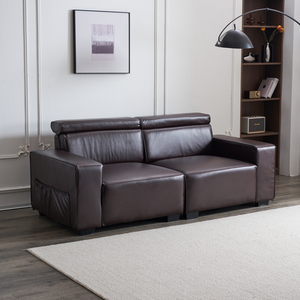 221*96*83cm Retro PU 26cm Fully Detachable Armrests Two Seats With Side Pockets Full Pull Points Indoor Double Sofa Brown