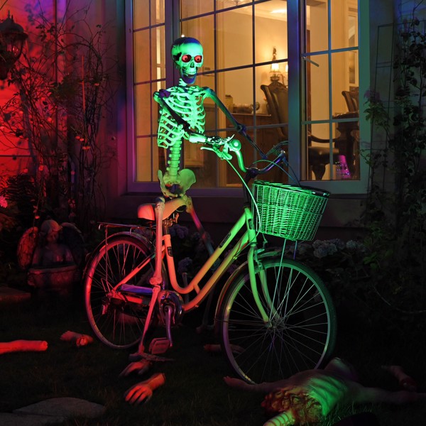 Halloween Decoration  Skeleton, Life Size Posable Skeleton with Stake Red Eyes Sound Activated Realistic Human Bones, Halloween Decoration for Indoor Outdoor Spooky Scene Haunted House（No shipping on 