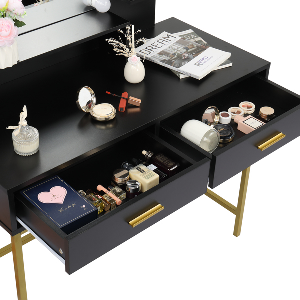 FCH Large Vanity Set with 10 LED Bulbs, Makeup Table with Cushioned Stool, 3 Storage Shelves 2 Drawers, Dressing Table Dresser Desk for Women, Girls, Bedroom, Black