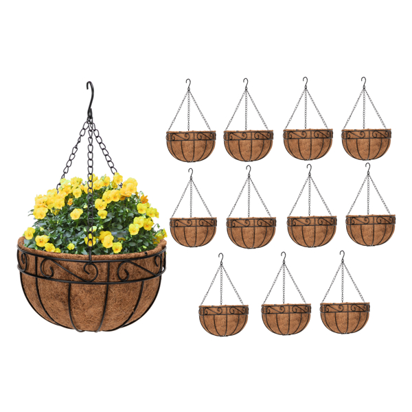 12pcs 10" Black Painted Round Wrought Iron Coconut Palm Hanging Basket