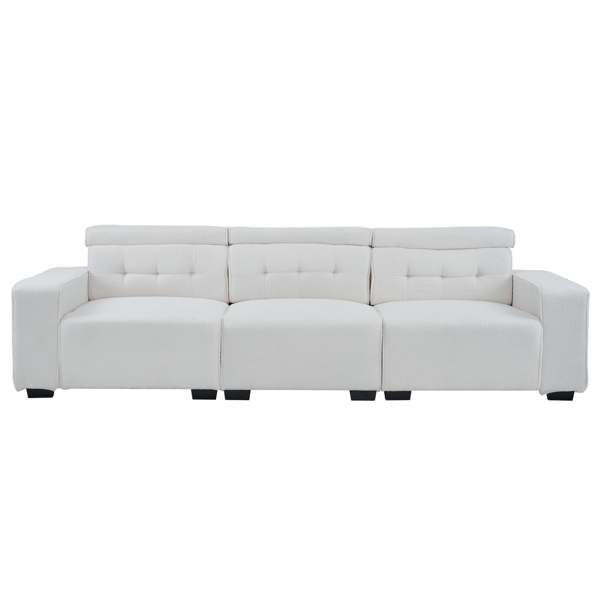 306*96*83cm Teddy Velvet, 26cm Fully Detachable Armrests, Three-Seater With Side Pockets, Backrest Pull Points, Indoor Multi-Person Sofa, Off-White