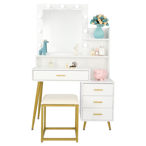  【Old Code：16772020】 Large Vanity Set with 9 LED Bulbs, Makeup Table with Cushioned Stool, 3 Storage Shelves 4 Drawers, Dressing Table Dresser Desk for Women, Girls, Bedroom, White