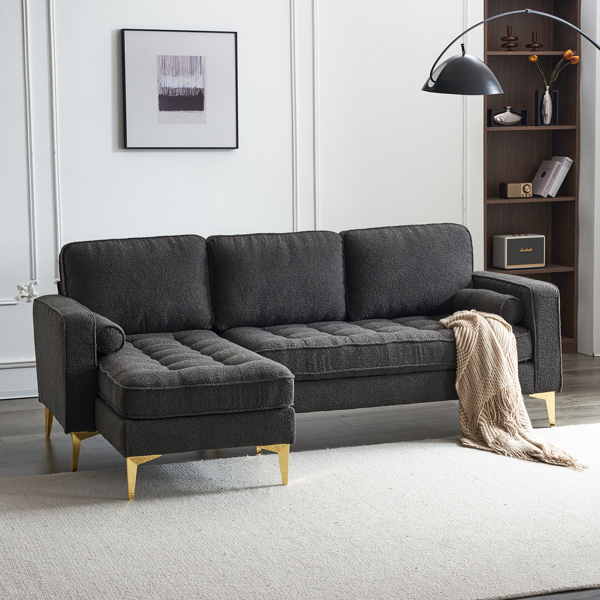 218*141*87cm Boucle Yarn, Diamond-Shaped Gold-Plated Three-Pronged Legs, Three-Seater With Footstool, Indoor Modular Sofa, Dark Grey