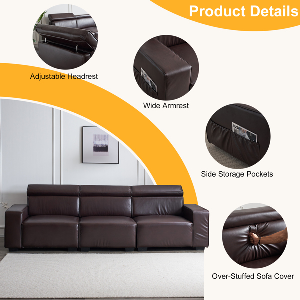 306*96*83cm Retro Pu 26cm Fully Detachable Armrests Three-Seater With Side Pockets Full Pull Points Indoor Multi-Person Sofa Brown