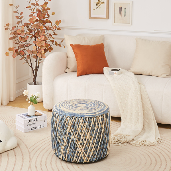 Round Pouf Ottoman Natural Seagrass Foot Stool Hand Woven Footstool Soft Padded Seat Home Decorative Boho Modern Pouffe for The Living Room Bedroom Entrance Lounge Blue