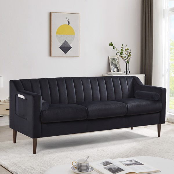 Modern Chesterfield Sofa, Comfortable Upholstered Sofa, Velvet Fabric, Wooden Frame with Wooden Legs, Suitable for Living Room/Bedroom/Office, 3 Seat Sofa - Black