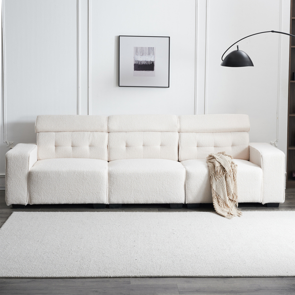 306*96*83cm Teddy Velvet, 26cm Fully Detachable Armrests, Three-Seater With Side Pockets, Backrest Pull Points, Indoor Multi-Person Sofa, Off-White