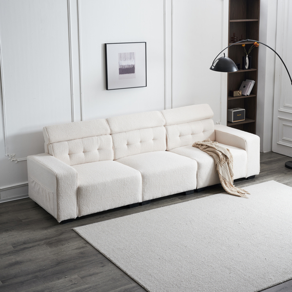 306*96*83cm Teddy Velvet, 26cm Fully Detachable Armrests, Three-Seater With Side Pockets, Backrest Pull Points, Indoor Multi-Person Sofa, Off-White