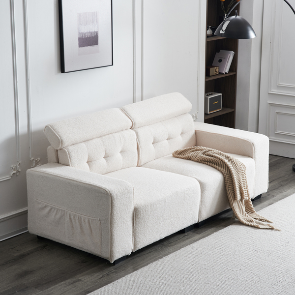 221*96*83cm Teddy Velvet 26cm Fully Detachable Armrests Two Seats With Side Pockets Backrest Pull Points Indoor Double Sofa Off-White