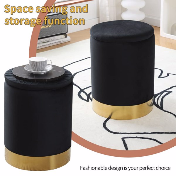 Faux Leather Round Storage Ottoman Footrest Stool with Gold-Plated Base Multipurpose Upholstered Foot Stools Vanity Chair Modern Pouf Ottoman with 23Qt Storage for Living Room Bedroom Black