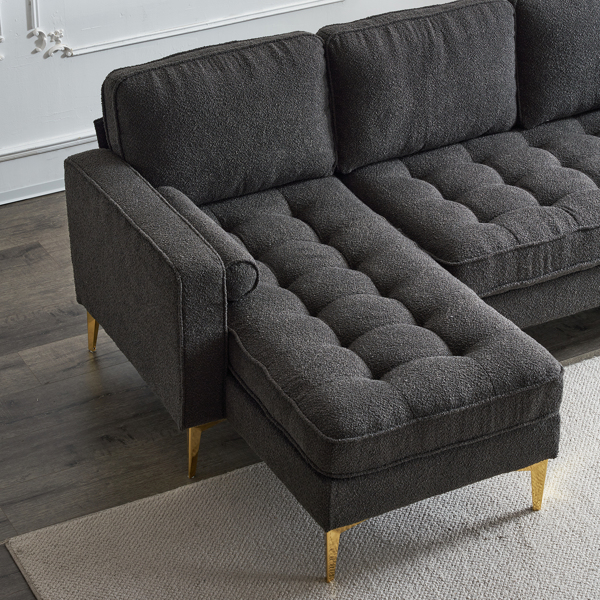 218*141*87cm Boucle Yarn, Diamond-Shaped Gold-Plated Three-Pronged Legs, Three-Seater With Footstool, Indoor Modular Sofa, Dark Grey