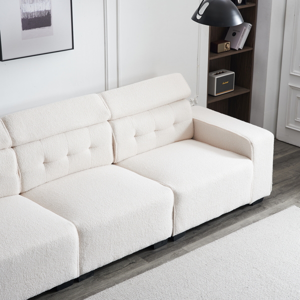 306*96*83cm Teddy Velvet, 26cm Fully Detachable Armrests, Three-Seater With Side Pockets, Backrest Pull Points, Indoor Multi-Person Sofa, Off-White