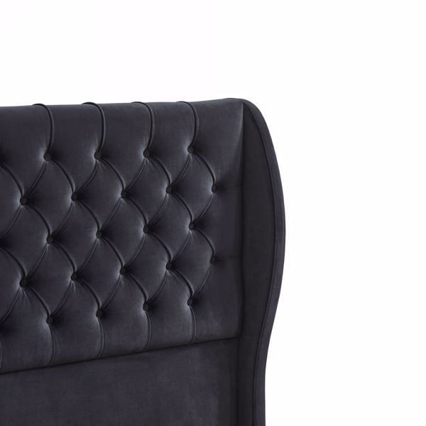 Upholstered wingback velvet fabric Chesterfield bed/button tufted headboard with vintage wings/wood slat support/easy to assemble. King Size.-Black