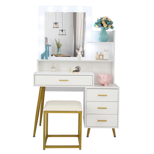  【Old Code：16772020】 Large Vanity Set with 9 LED Bulbs, Makeup Table with Cushioned Stool, 3 Storage Shelves 4 Drawers, Dressing Table Dresser Desk for Women, Girls, Bedroom, White