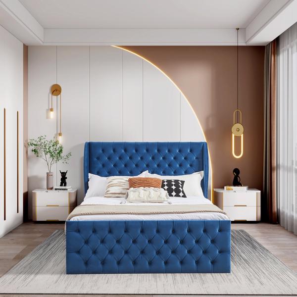 Upholstered wingback velvet fabric Chesterfield bed/button tufted headboard with vintage wings/wood slat support/easy to assemble。Queen-Size-Blue