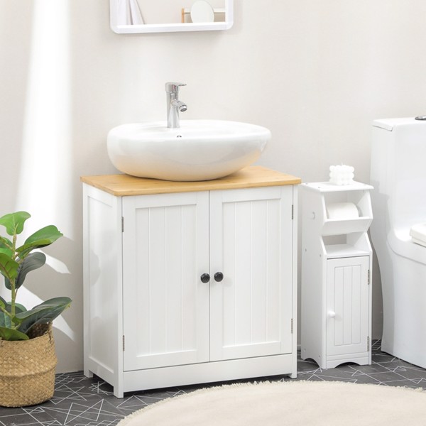 Pedestal Sink Storage Cabinet, Under Sink Cabinet with Double Doors,  Crystal White, Dark Walnut-AS (Swiship-Ship)（Prohibited by WalMart）