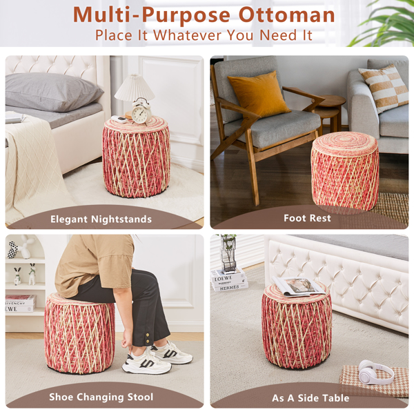 Round Pouf Ottoman Hand Weave Footstool Natural Seagrass Foot Stool Boho Footrest Stool Braided Pouffe Accent Chair for The Living Room Bedroom Nursery Patio Lounge Pink