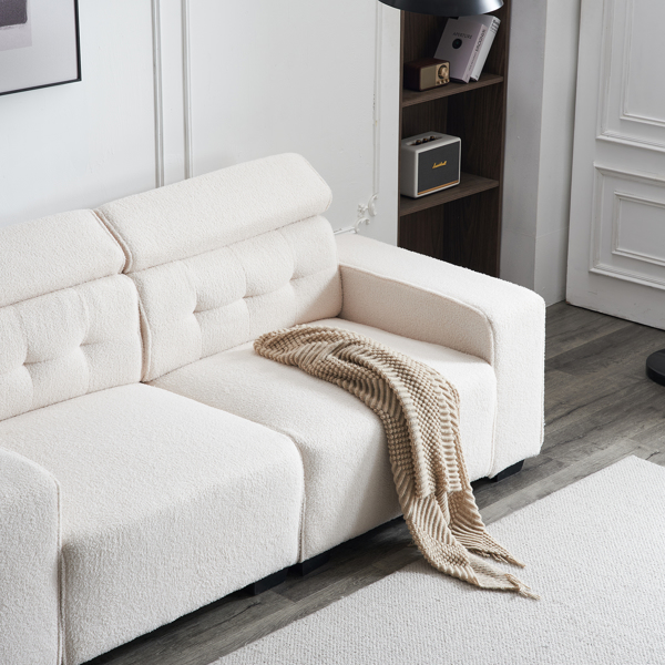 221*96*83cm Teddy Velvet 26cm Fully Detachable Armrests Two Seats With Side Pockets Backrest Pull Points Indoor Double Sofa Off-White