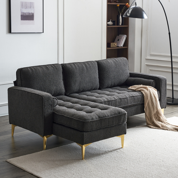 218*141*87cm Boucle Yarn, Diamond-Shaped Gold-Plated Three-Pronged Legs, Three-Seater With Footstool, Indoor Modular Sofa, Dark Grey