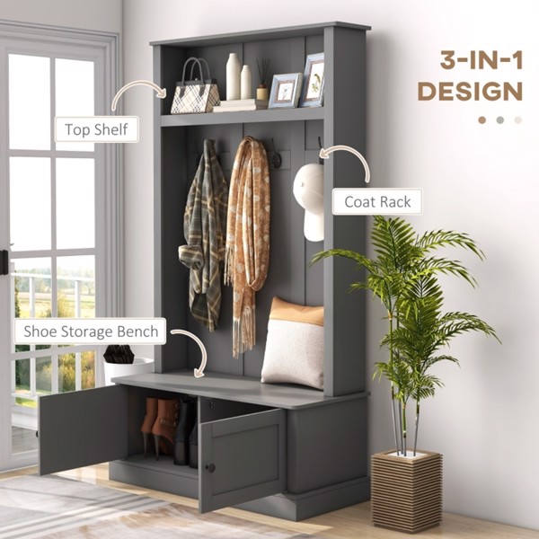  Storage Cabinet  Hall Tree Entryway Bench with Coat Rack, Gray-AS