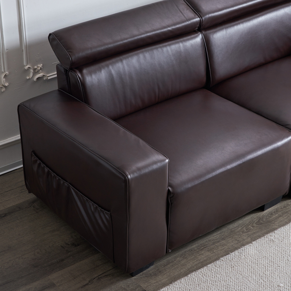 221*96*83cm Retro PU 26cm Fully Detachable Armrests Two Seats With Side Pockets Full Pull Points Indoor Double Sofa Brown