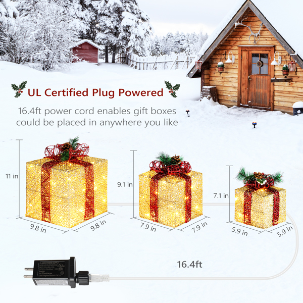 3pcs 10 inch-8 inch-6 inch Golden Gift Box Garden Gift Box Decoration 5M Long Power Cord US Plug