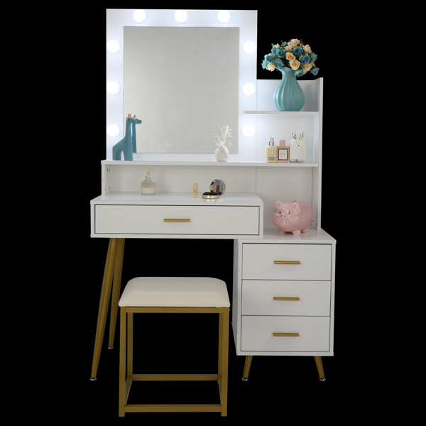  【Old Code：16772020】 Large Vanity Set with 9 LED Bulbs, Makeup Table with Cushioned Stool, 3 Storage Shelves 4 Drawers, Dressing Table Dresser Desk for Women, Girls, Bedroom, White