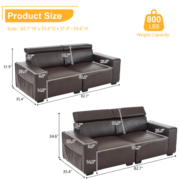221*96*83cm Retro PU 26cm Fully Detachable Armrests Two Seats With Side Pockets Full Pull Points Indoor Double Sofa Brown