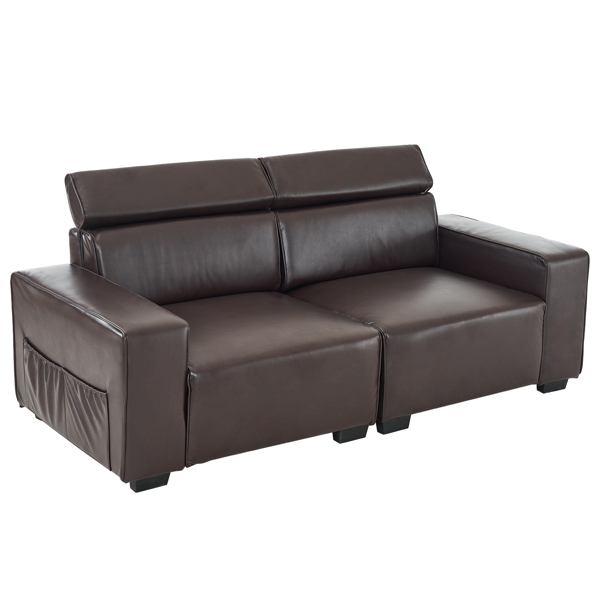 221*96*83cm Retro PU 26cm Fully Detachable Armrests Two Seats With Side Pockets Full Pull Points Indoor Double Sofa Brown