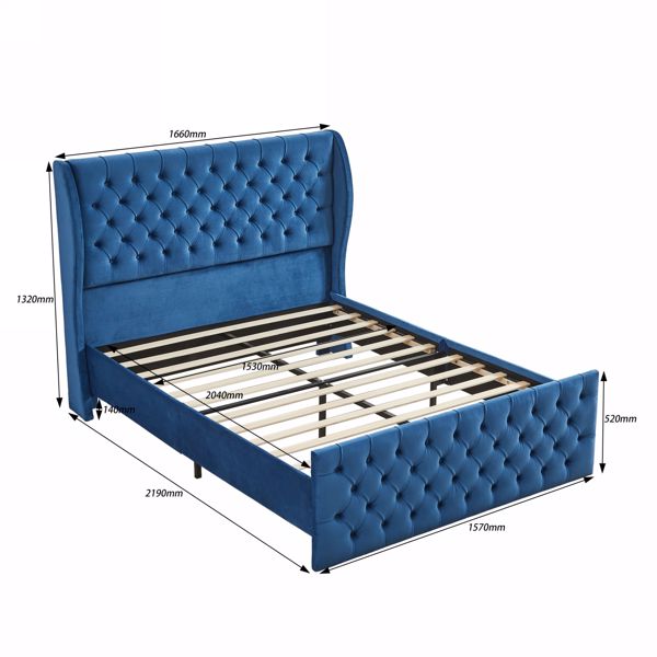 Upholstered wingback velvet fabric Chesterfield bed/button tufted headboard with vintage wings/wood slat support/easy to assemble。Queen-Size-Blue