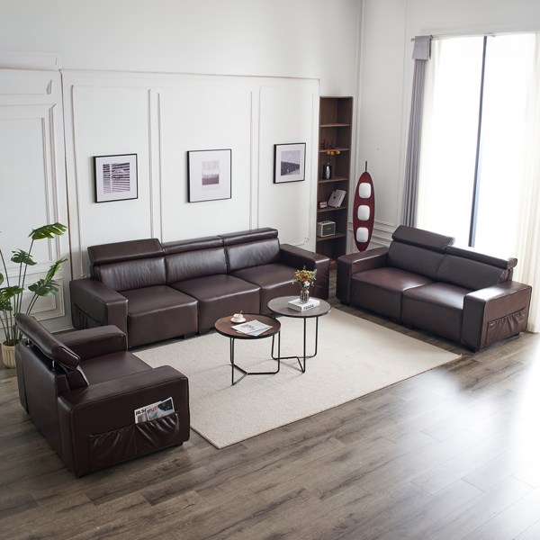 221*96*83cm Retro PU 26cm Fully Detachable Armrests Two Seats With Side Pockets Full Pull Points Indoor Double Sofa Brown