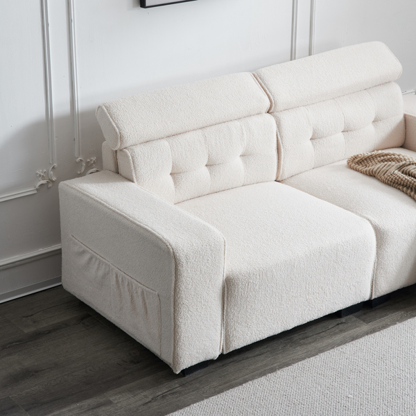 221*96*83cm Teddy Velvet 26cm Fully Detachable Armrests Two Seats With Side Pockets Backrest Pull Points Indoor Double Sofa Off-White