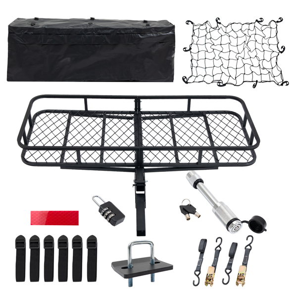 60" x 24" x 6" Hitched Mounted Folding Cargo Basket with Cargo Net, 500lb Capacity for Car SUV Truck Trailer, Black