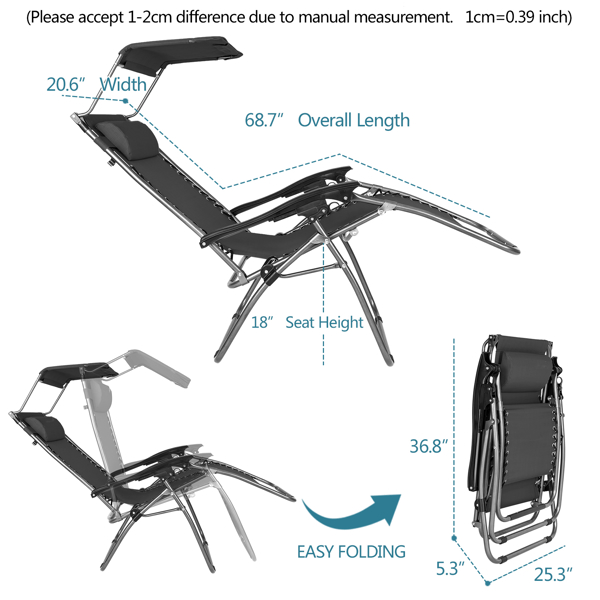 Infinity Zero Gravity Chair with Awning , Outdoor Lounge Patio Chairs with Pillow and Utility Tray Adjustable Folding Recliner for Deck,Patio,Beach,Yard,Black