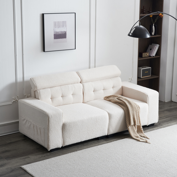 221*96*83cm Teddy Velvet 26cm Fully Detachable Armrests Two Seats With Side Pockets Backrest Pull Points Indoor Double Sofa Off-White